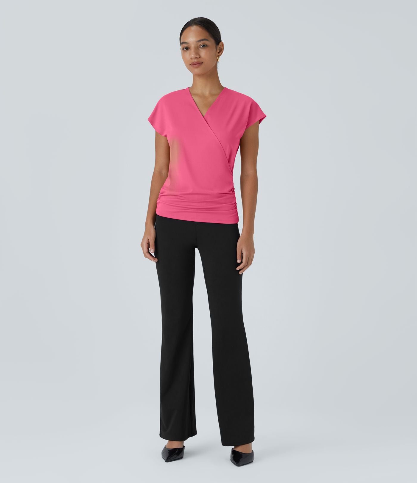 Blouse Travail Unie Froncée Croisée Manches Courtes Col en V