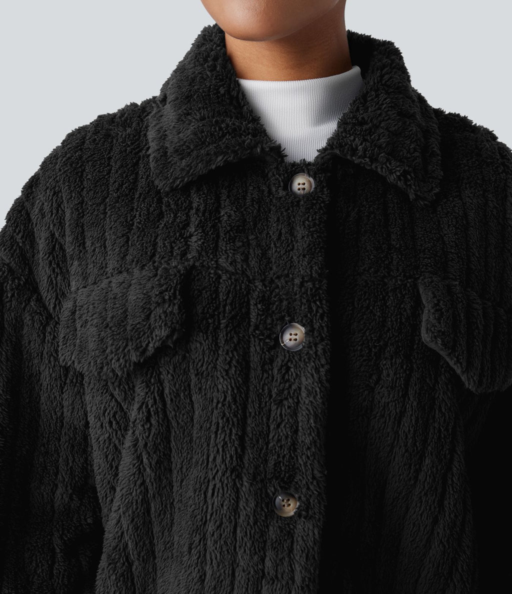 Veste décontractée en sherpa à col, boutons et manches longues