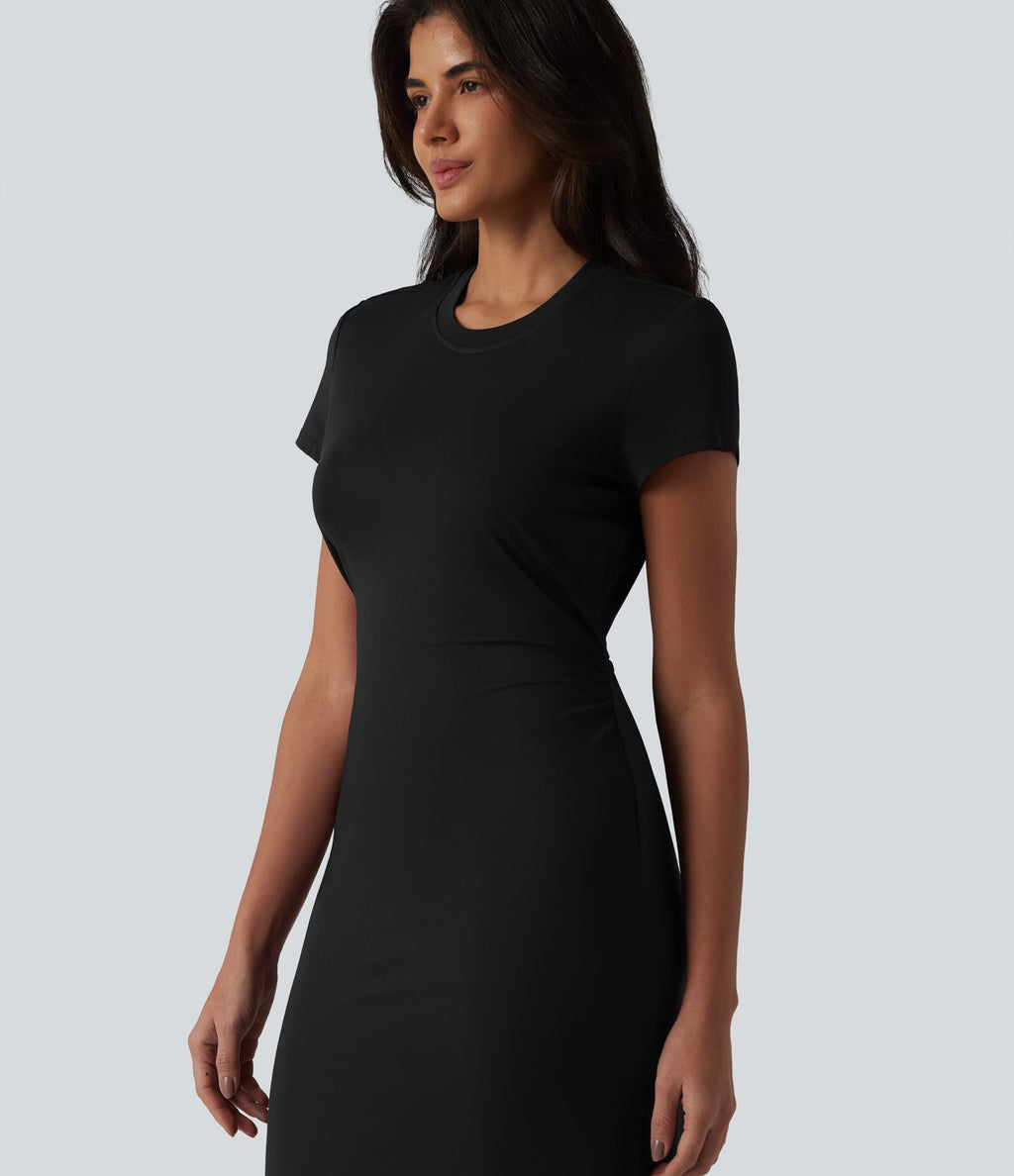 Robe casual mi-longue col rond à manches courtes avec découpe