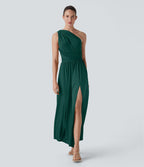 Robe longue de soirée col V, manches courtes, dos croisé à nouer, fendue avec poche latérale