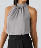 Blouse Travail Sans Manches Ourlet Courbé Col Haut Découpe au Dos Plis