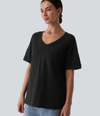 T-shirt casual ample col cœur manches courtes retroussées en coton slub avec poche