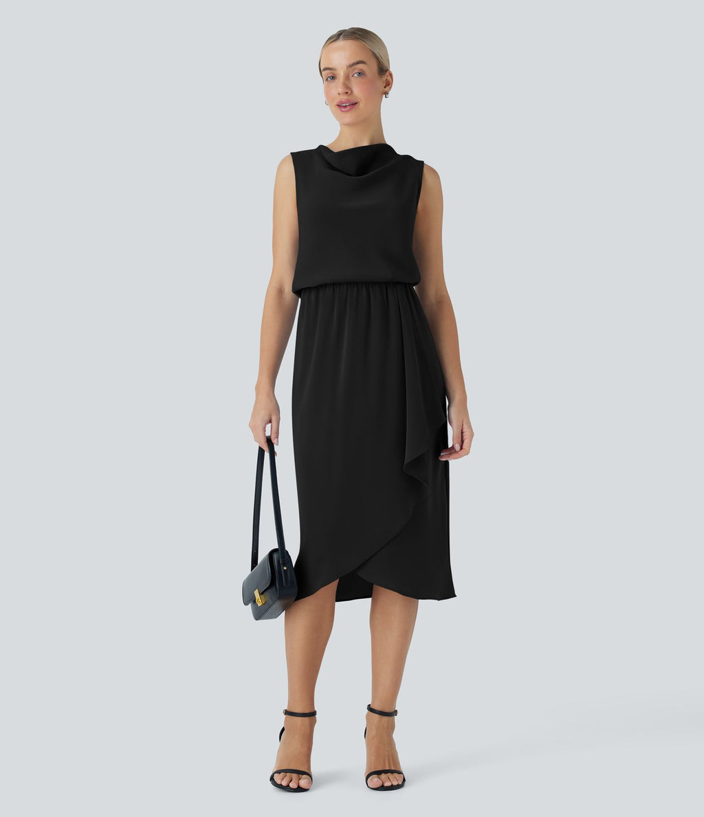 Robe midi de voyage défroissage facile, col bénitier, ourlet croisé et poches