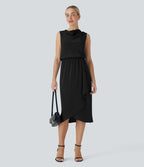Robe midi de voyage défroissage facile, col bénitier, ourlet croisé et poches