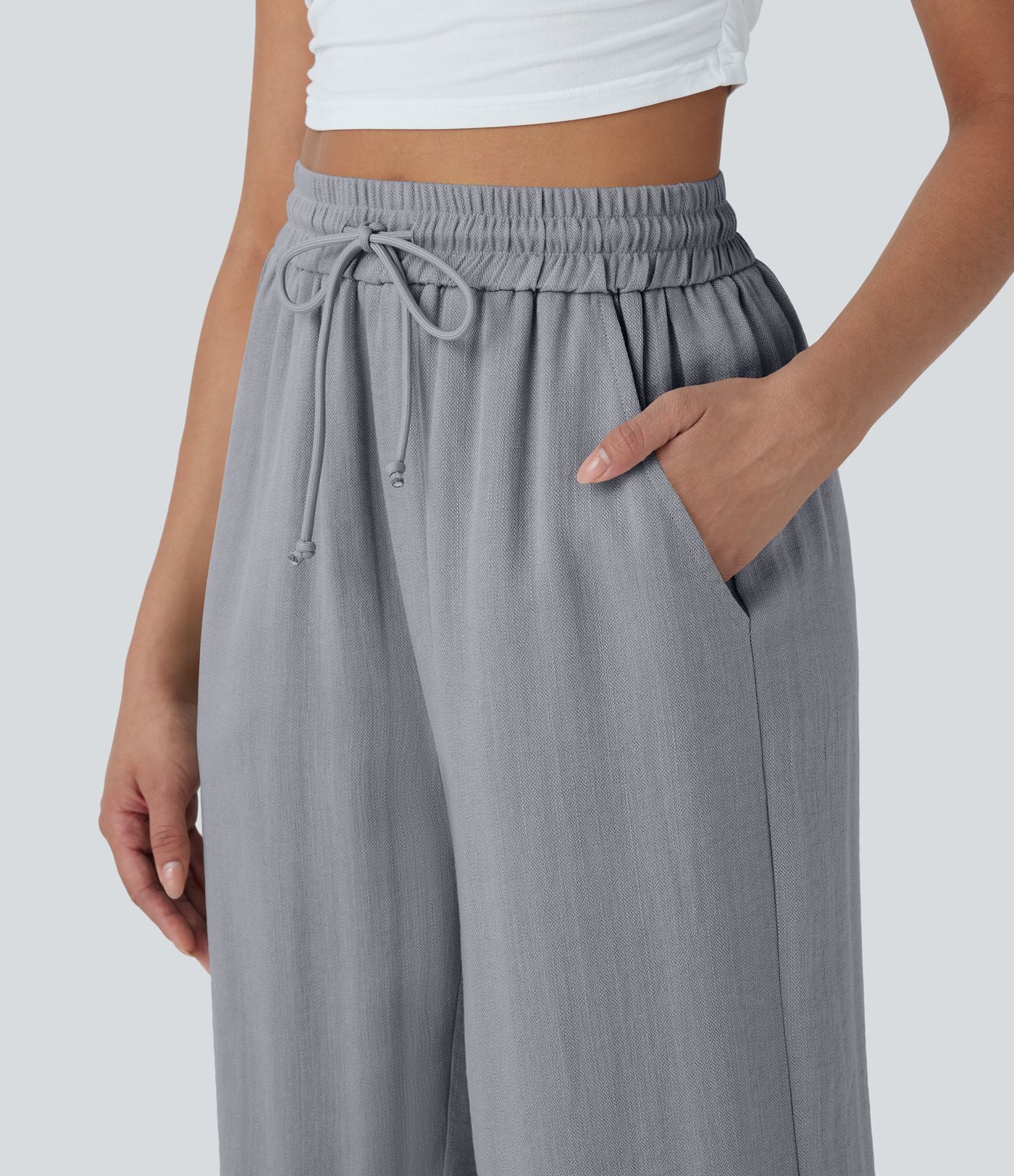 Pantalon décontracté aspect lin 7/8 à taille haute, jambe large avec cordon de serrage et poches latérales