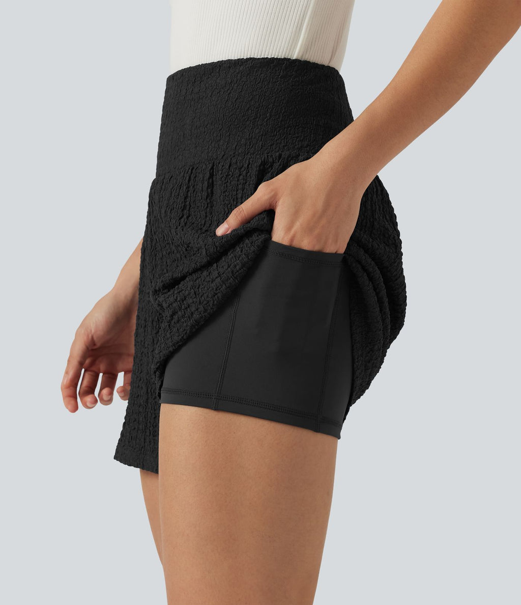 Short baggy 2-en-1 casual en tissu froissé taille haute avec poches