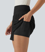 Short baggy 2-en-1 casual en tissu froissé taille haute avec poches