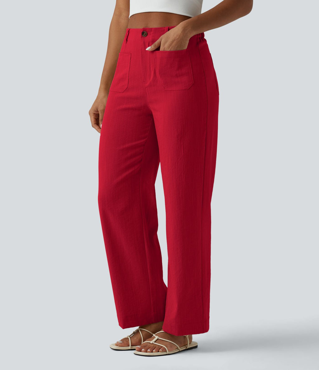 Pantalon taille haute coupe droite effet lin avec poches