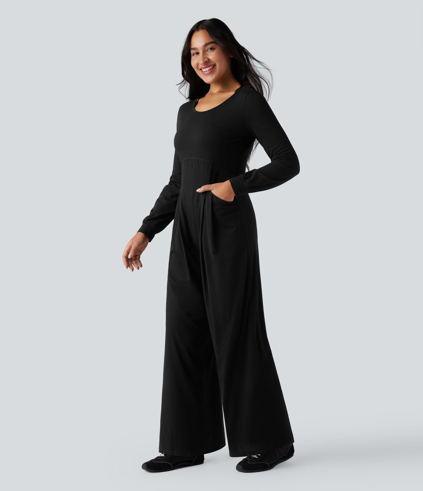 Combinaison-pantalon ample décontractée dos nu col rond à manches longues avec poches
