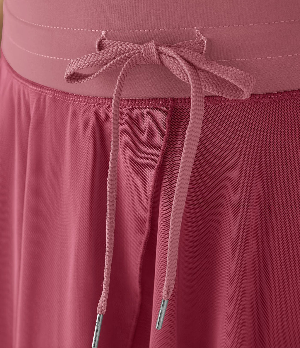 Jupe Casual Évasée Fluide 2 en 1 en Maille Contrastée Taille Haute Cordon de Serrage Poche Latérale