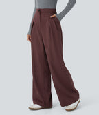 Pantalon Tailleur Large Fluide à Rayures, Taille Haute, Bouton et Fermeture Éclair, Poches Latérales
