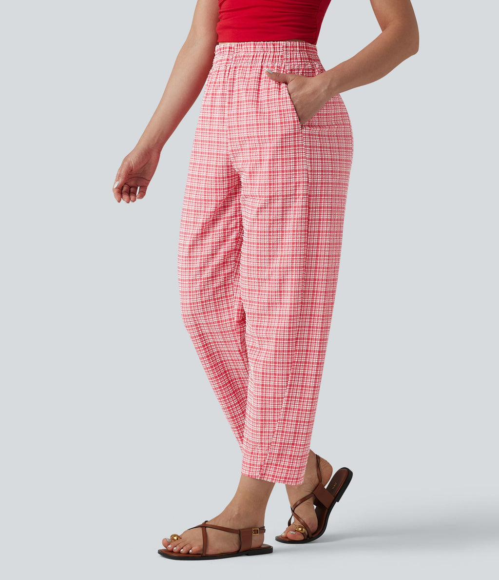 Pantalon décontracté à carreaux froissés taille haute avec poches
