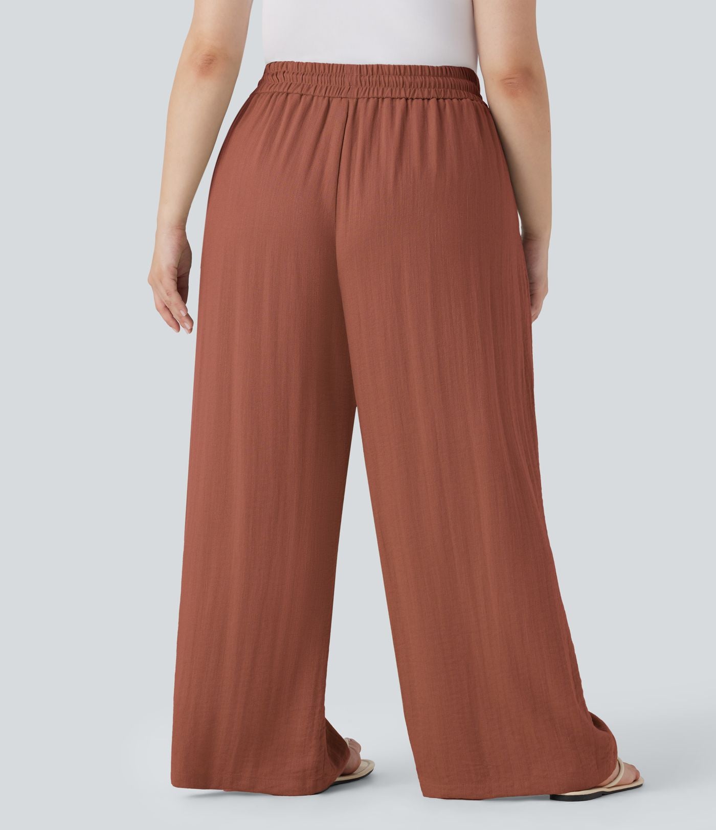 Pantalon décontracté grande taille large fluide taille haute effet lin avec cordon de serrage et poches