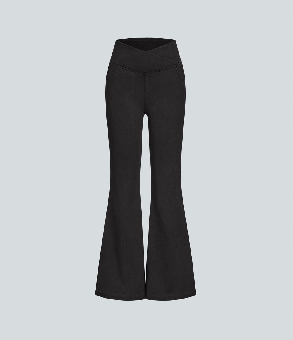 Halara Flex™ - Jean Ultra Evasé Tricot Extensible Lavé Poches Croisées Taille Haute