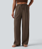 Pantalon casual ample taille haute aspect lin à cordon de serrage avec poches