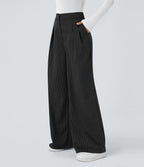 Pantalon Tailleur Large Fluide à Rayures, Taille Haute, Bouton et Fermeture Éclair, Poches Latérales