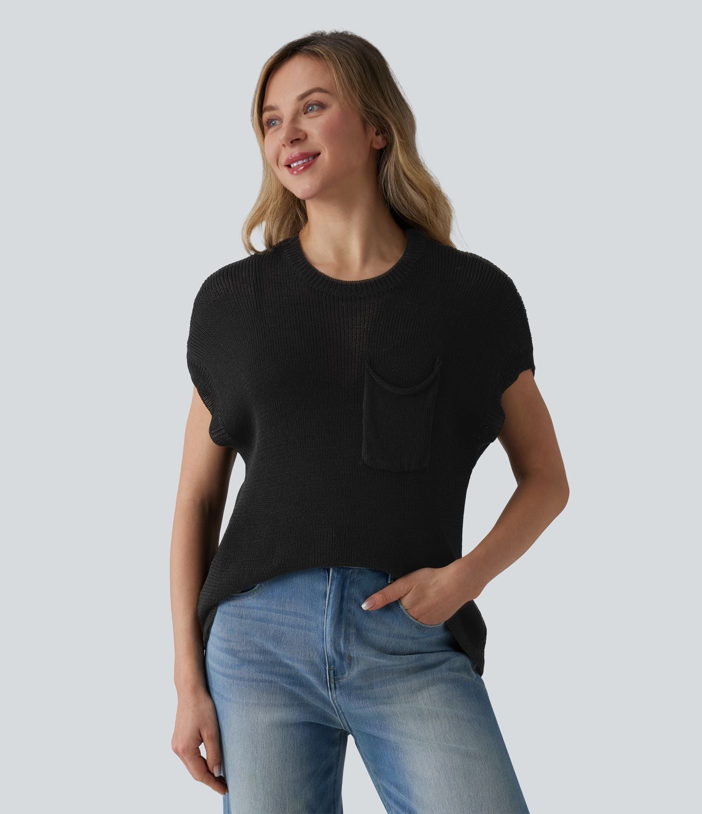 Pull décontracté col rond manches chauve-souris avec poche