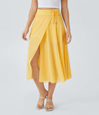 Jupe Casual Évasée Mesh Mi-Longue Fuide 2 en 1 Contrastée Taille Haute Cordon Poche Latérale