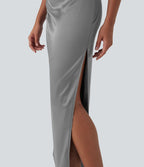 Robe de soirée longue en satin avec encolure bateau, manches cap, fermeture éclair invisible, fronces et fente