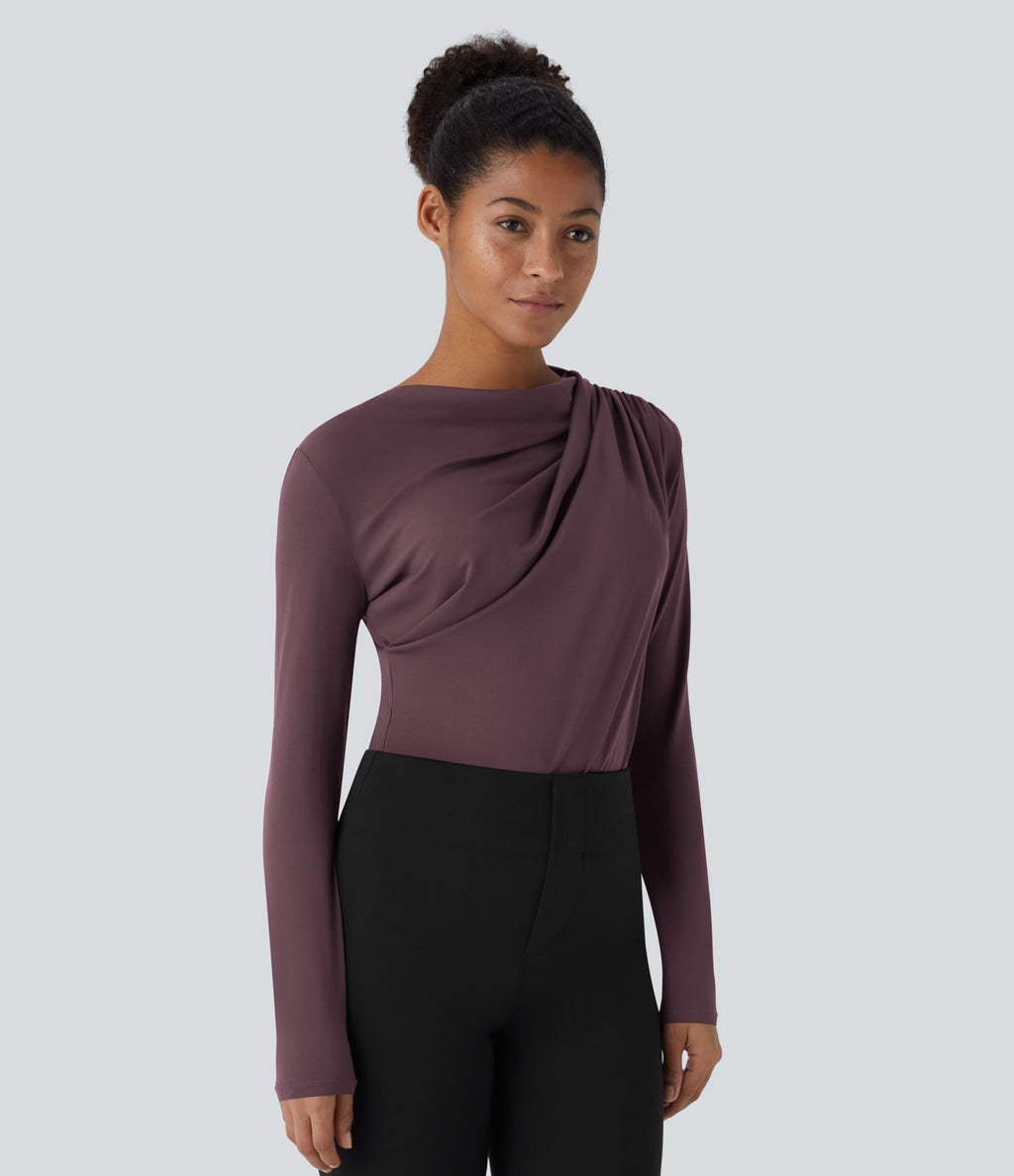 Cowl Neck Ruched Long Sleeve Slim Work Top