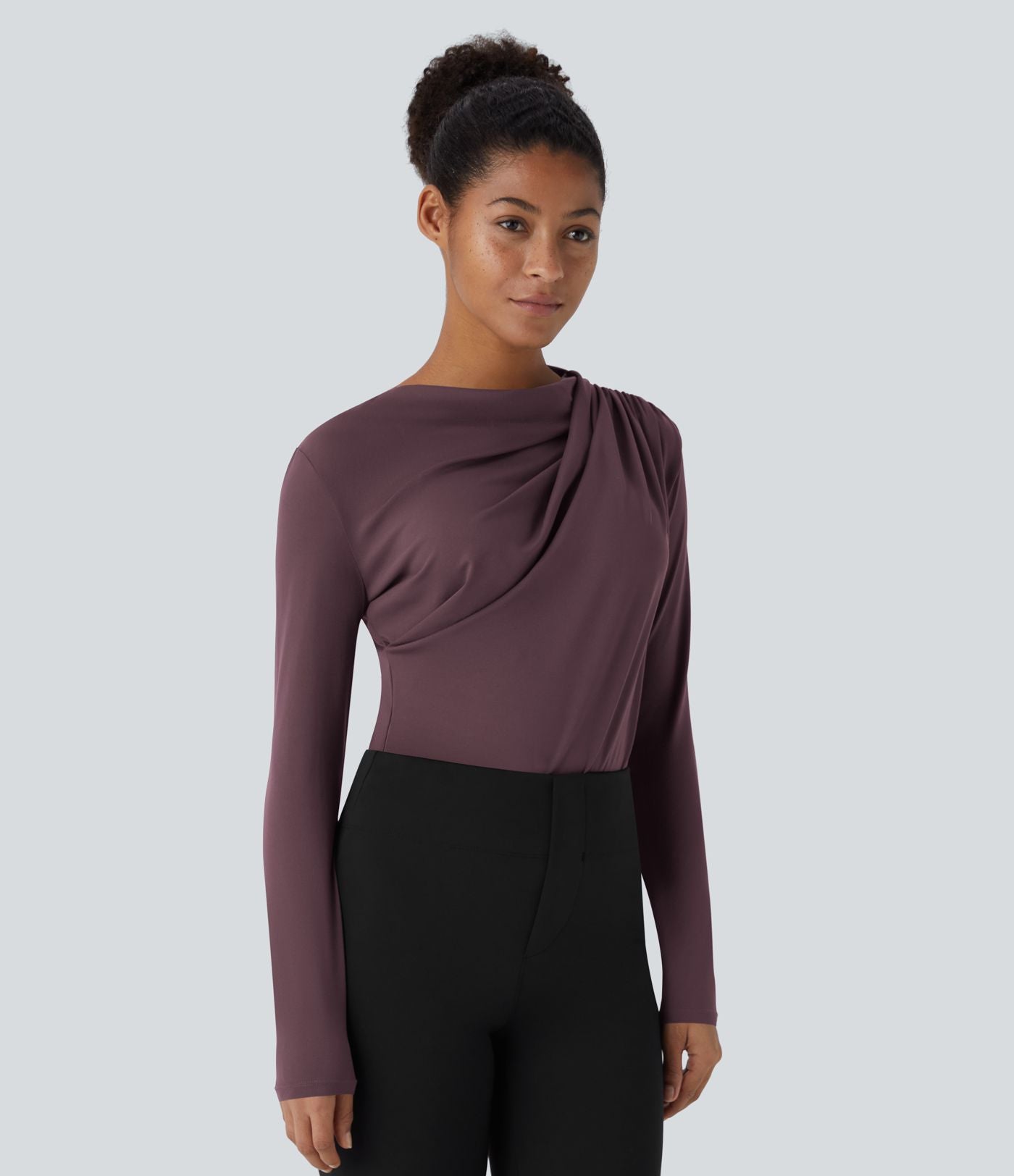 Cowl Neck Ruched Long Sleeve Slim Work Top