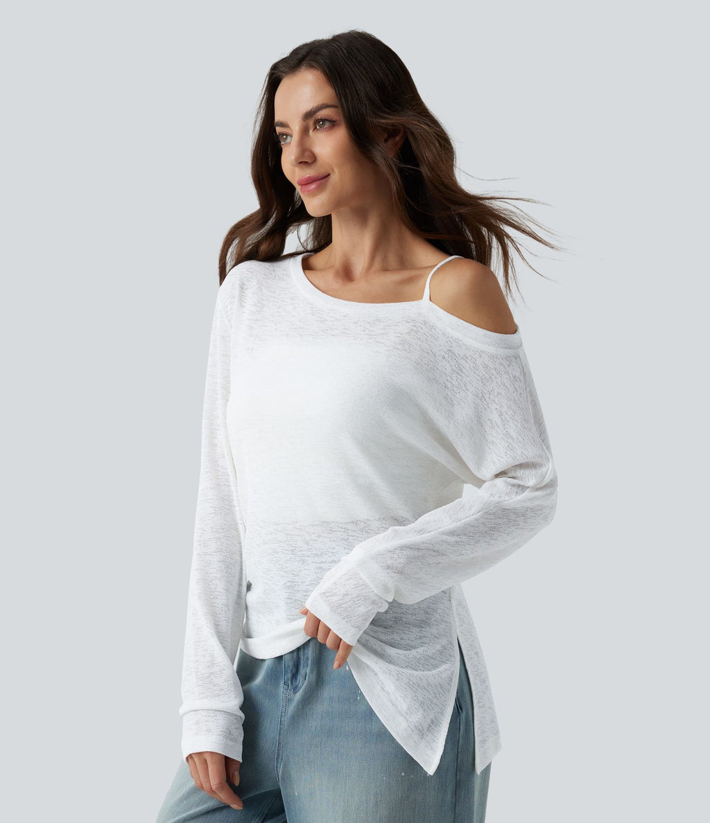T-shirt décontracté semi-transparent une épaule dénudée à manches longues et ourlet asymétrique