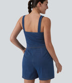 Halara Flex™ Combinaison short casual en denim sans manches à encolure carrée avec poches — Édition Easy Peasy