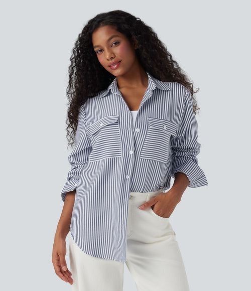 Chemise décontractée manches longues à rayures ourlet arrondi