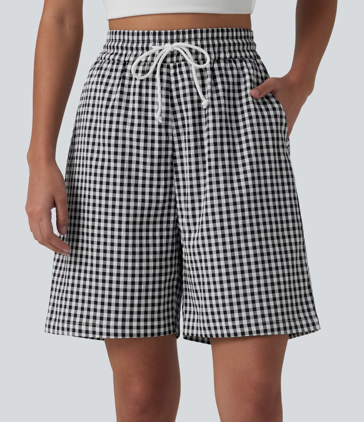 Short ample taille haute à carreaux vichy avec cordon de serrage et poches