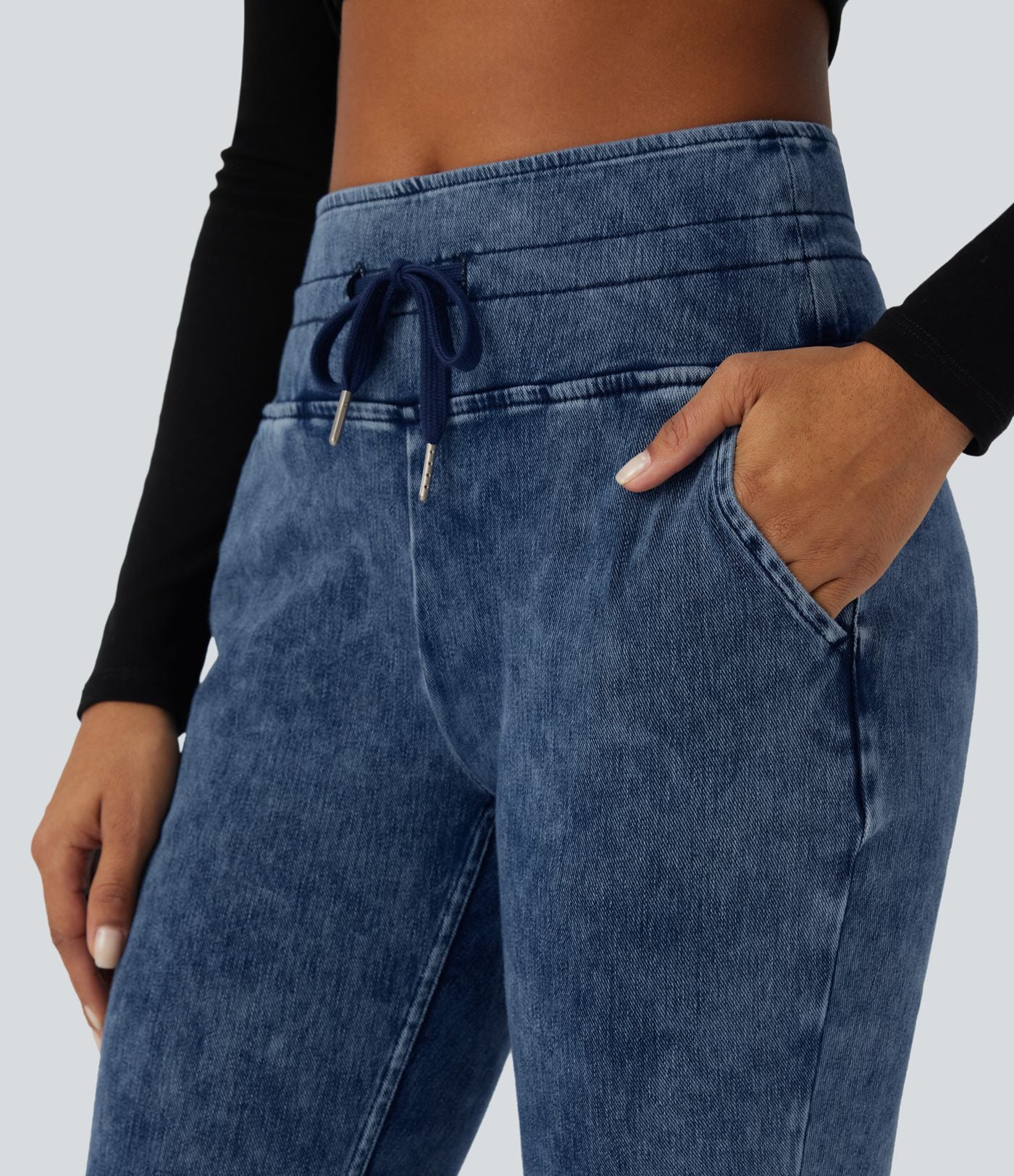 Halara Flex™ Jean Casual Taille Haute avec Cordon de Serrage et Poches Latérales en Tricot Extensible Lavé