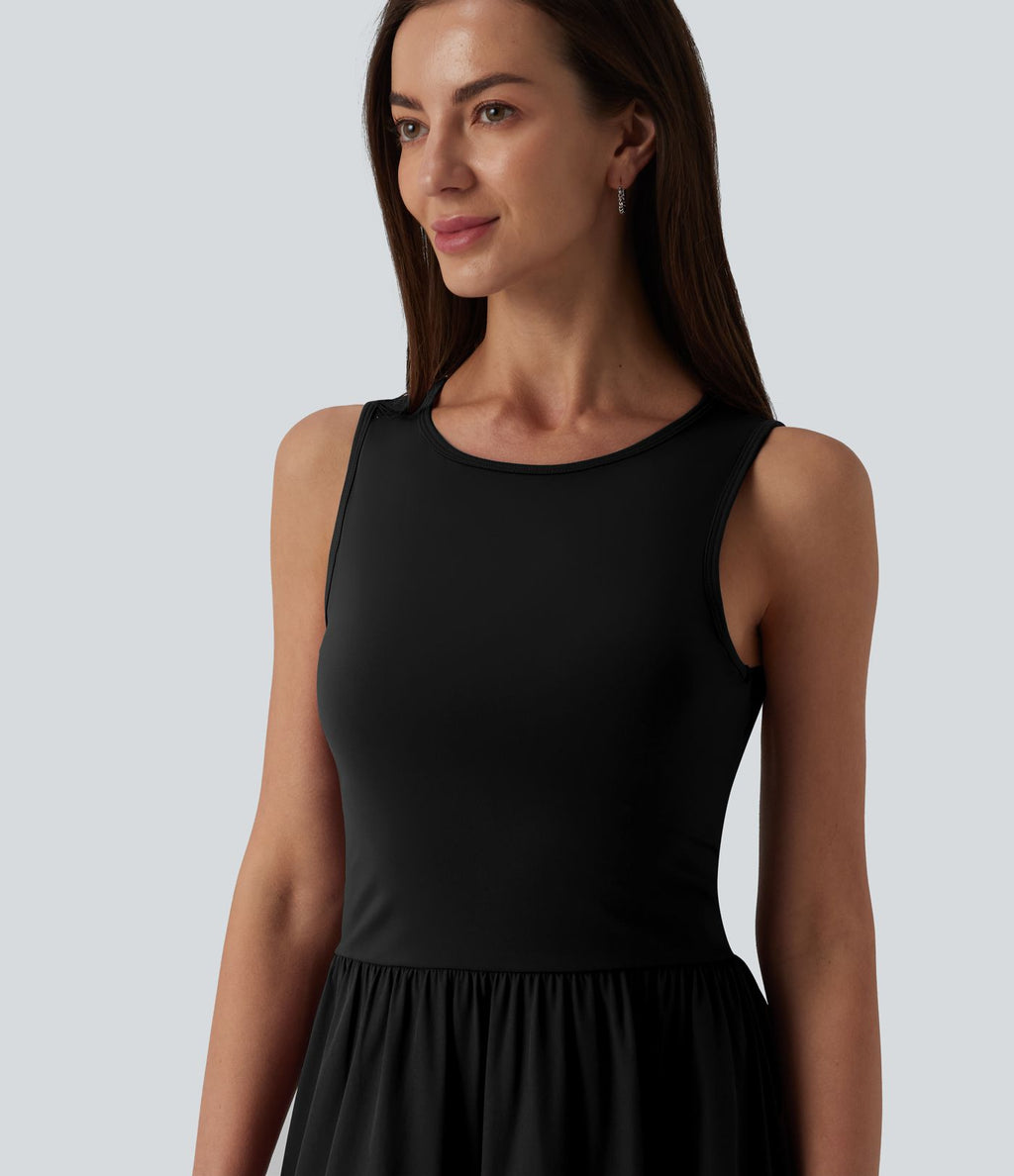 Robe mi-longue décontractée col rond sans manches découpes