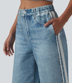Jean de survêtement décontracté à rayures en tissu éponge français imprimé denim taille mi-haute avec poches