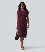 Robe casual mi-longue col rond à manches courtes avec découpe