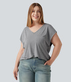 T-shirt décontracté grande taille col V manches courtes