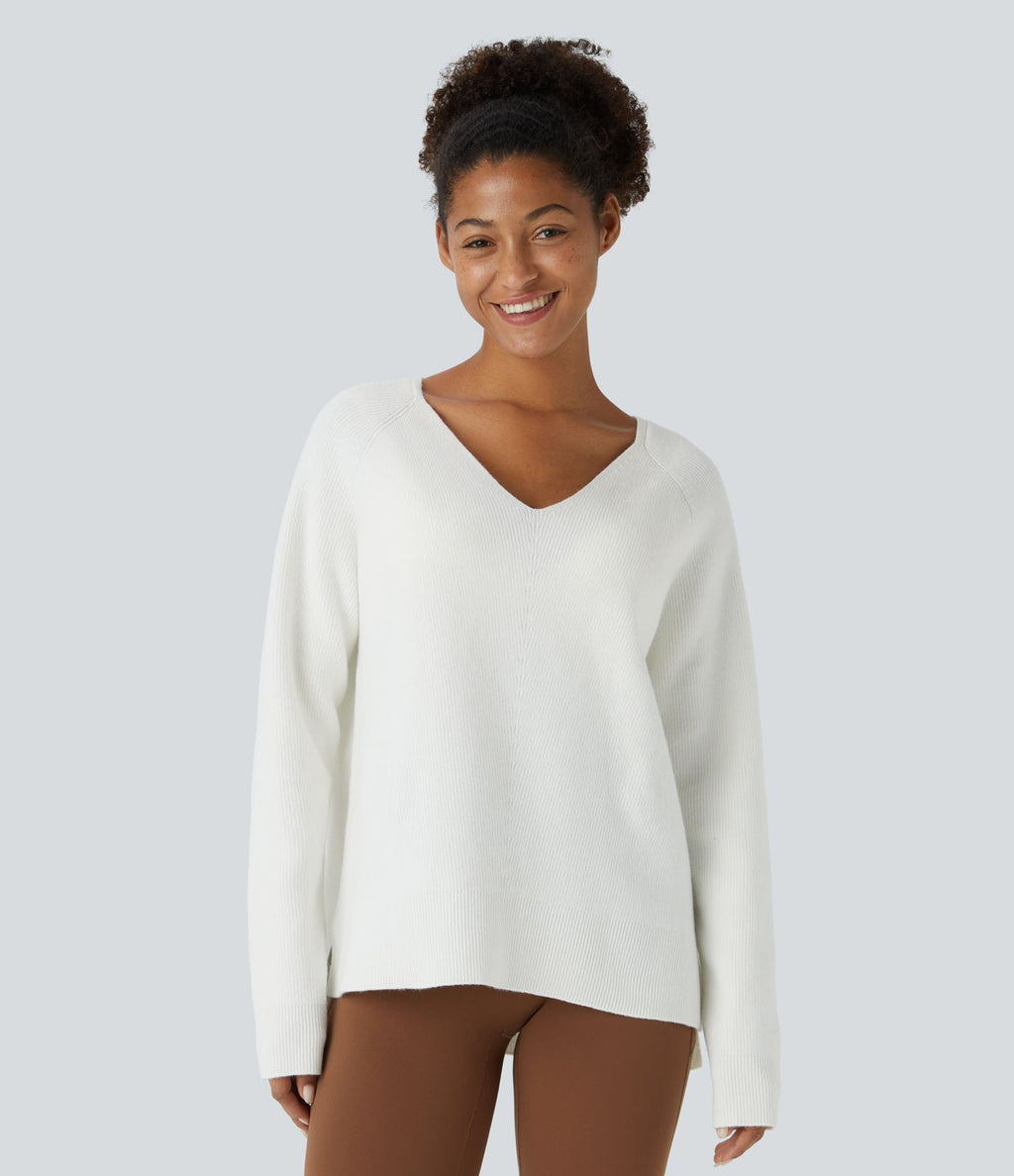 Pull décontracté fendu à col en V et manches longues