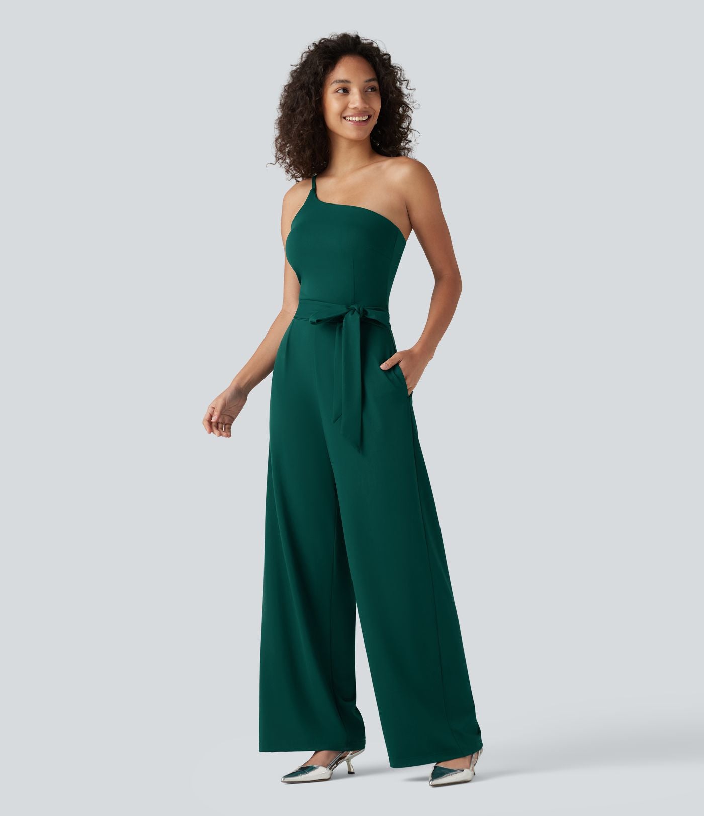 Combinaison de soirée asymétrique sans manches, ceinturée, avec soutien-gorge intégré et poches - Easy Peazy