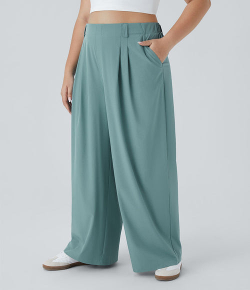 Breezeful™ Pantalon Évasé Palazzo Grande Taille Casual Taille Haute avec Plis Poche Latérale Fluide Uni et Séchage Rapide