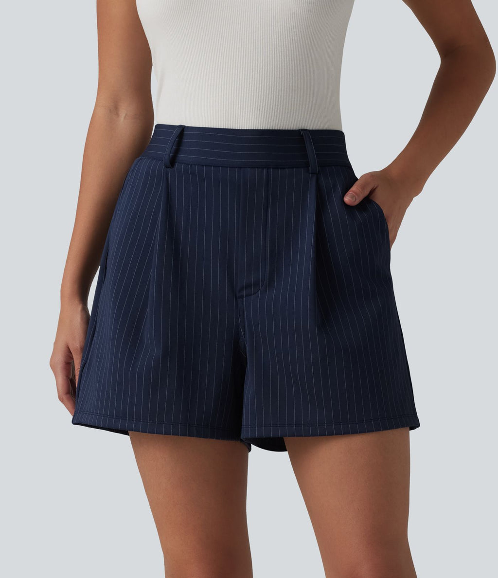 Short tailleur ample à rayures plissées taille haute avec poches