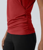 Blouse Travail Unie Froncée Croisée Manches Courtes Col en V