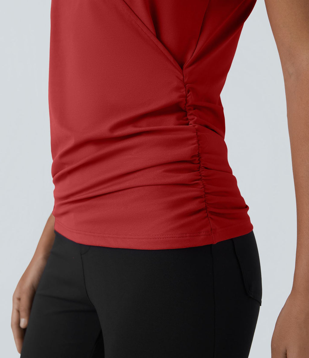 Blouse Travail Unie Froncée Croisée Manches Courtes Col en V