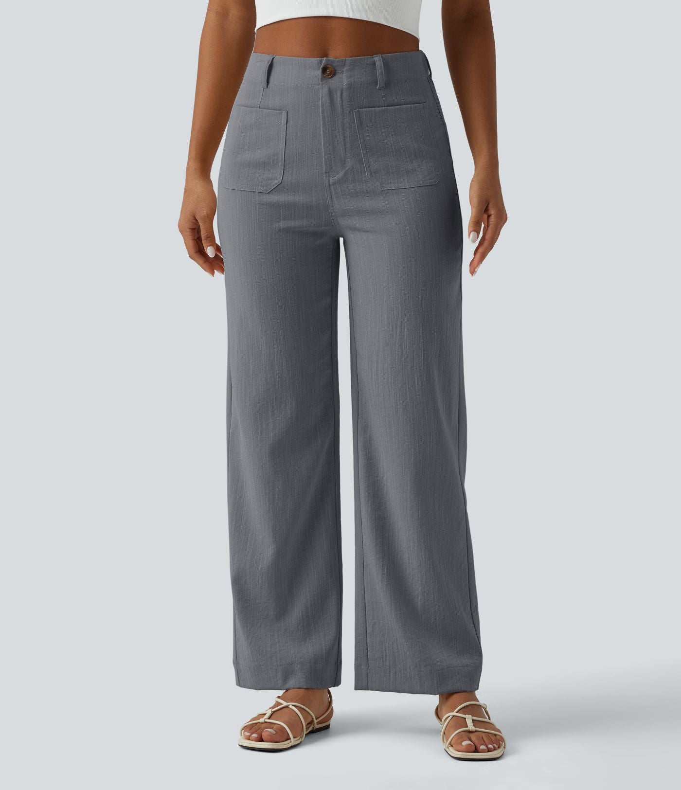 Pantalon taille haute coupe droite effet lin avec poches