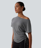 T-shirt décontracté asymétrique manches courtes avec cordon de serrage mélange laine