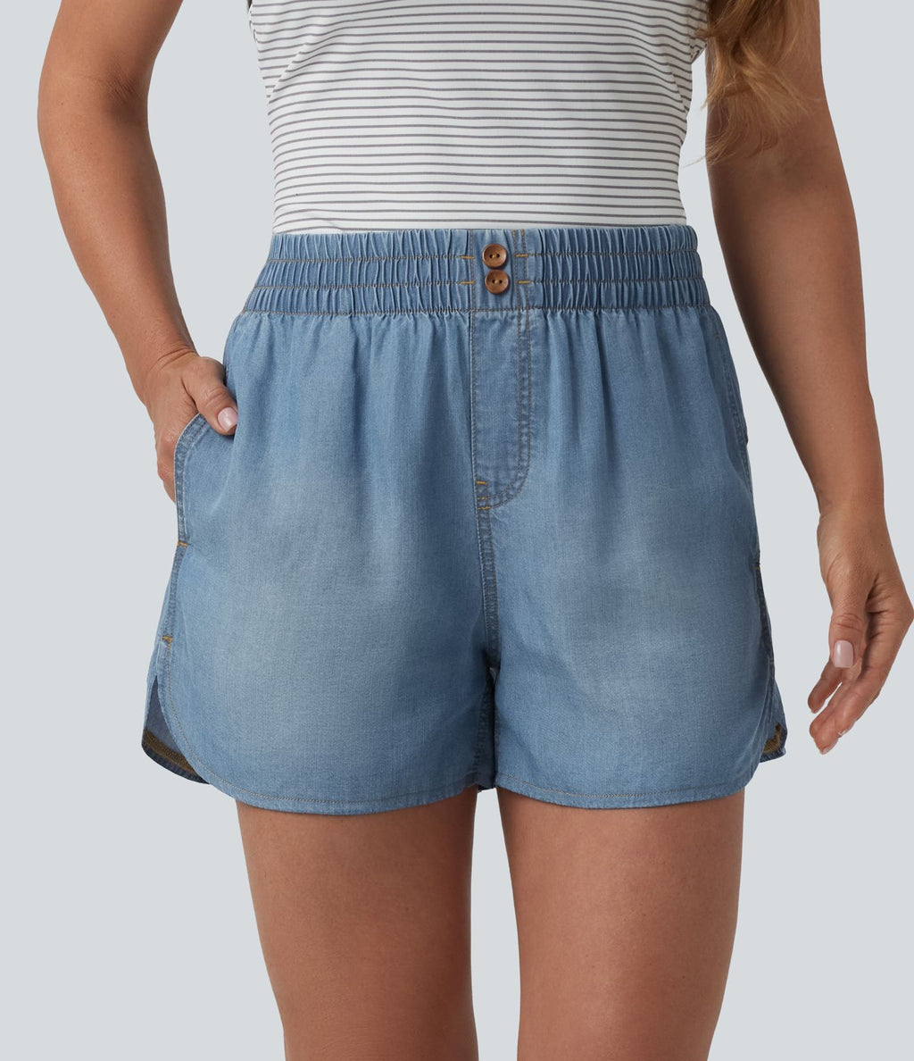 Short en jean décontracté taille mi-haute en lyocell drapé, 9 cm, avec poches