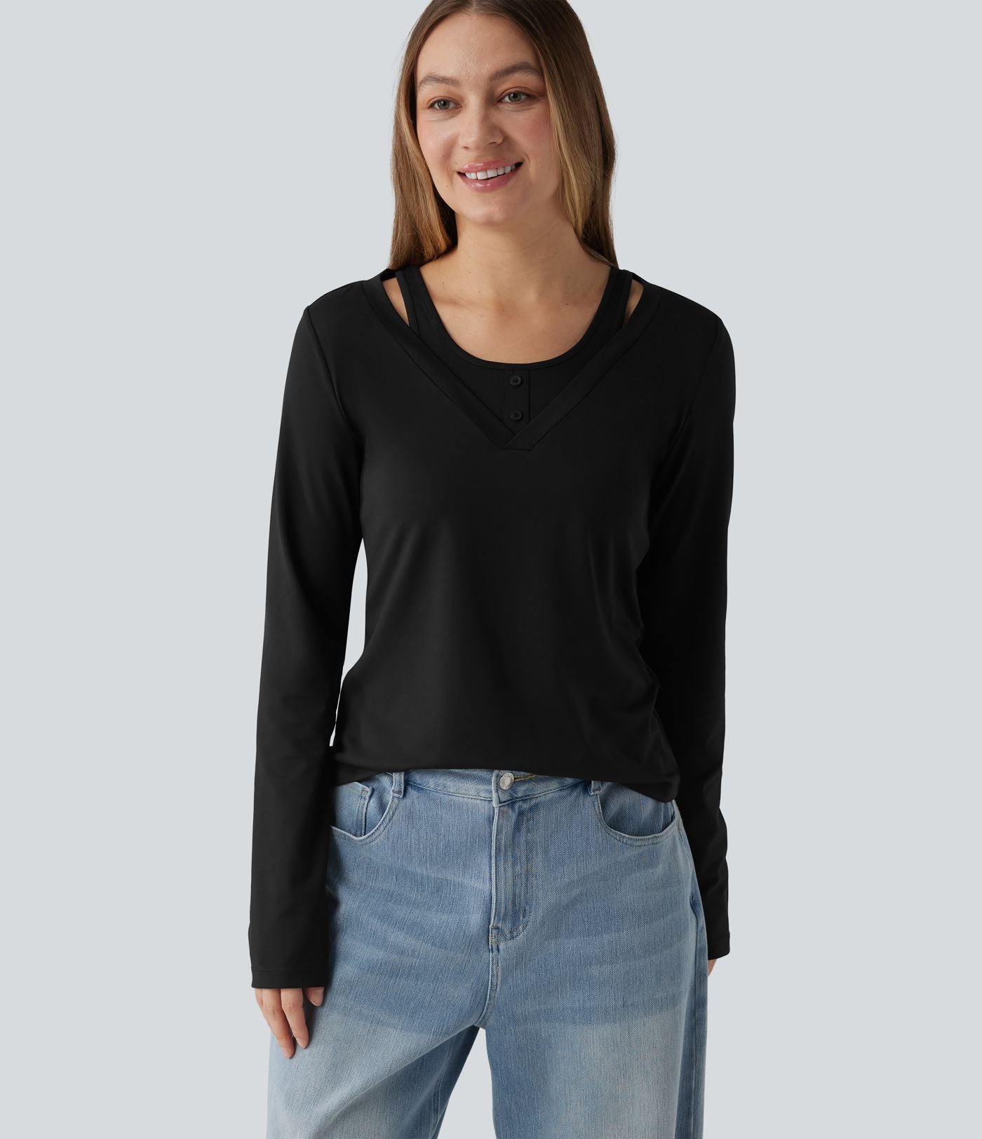 T-shirt casual 2-en-1 col V à manches longues