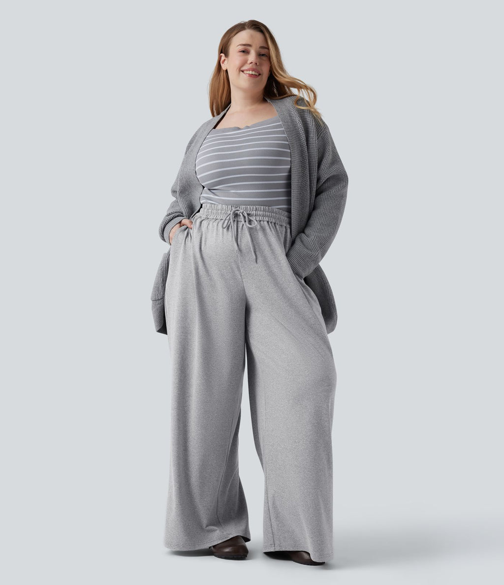 Pantalon décontracté grande taille large taille haute avec cordon de serrage et poches
