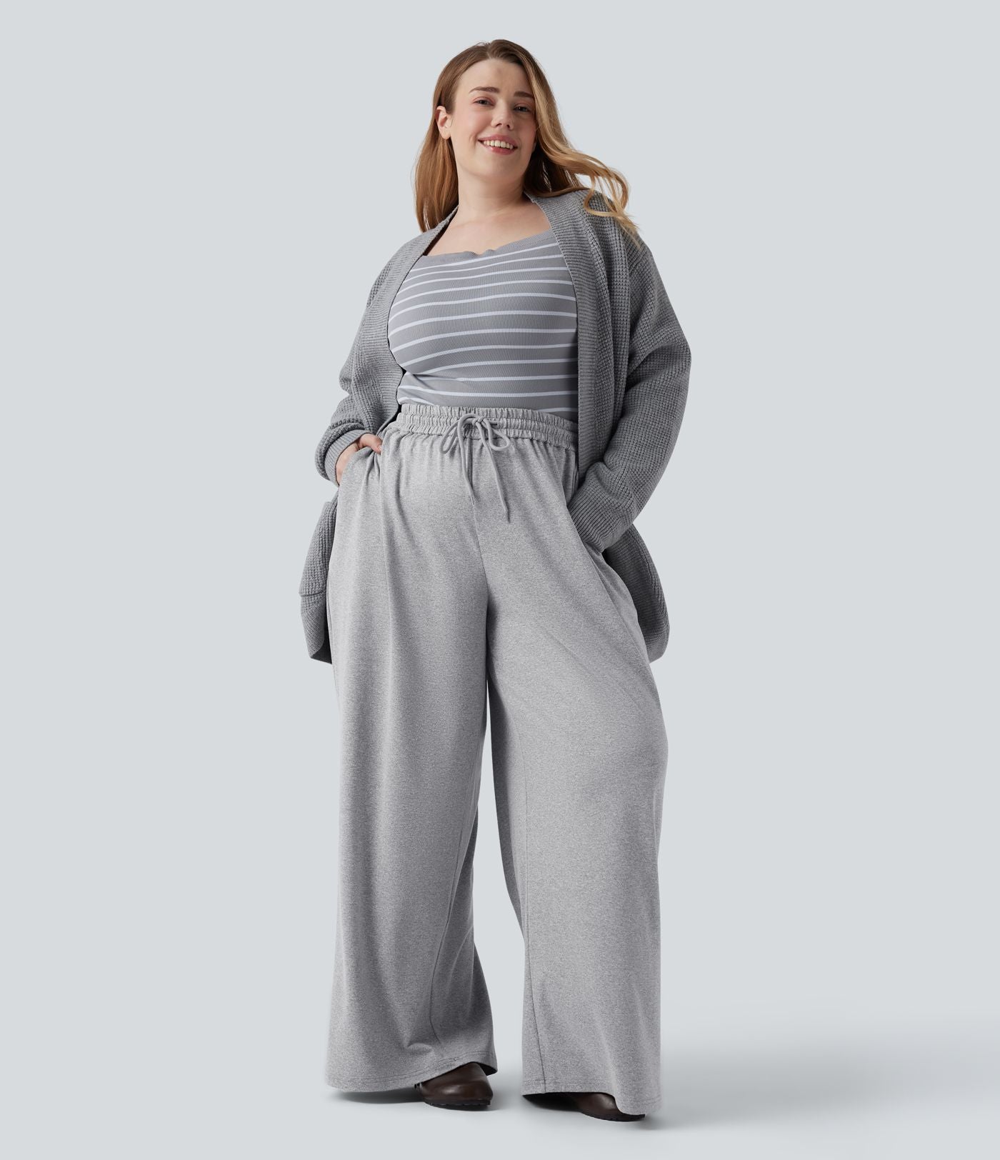 Pantalon décontracté grande taille large taille haute avec cordon de serrage et poches