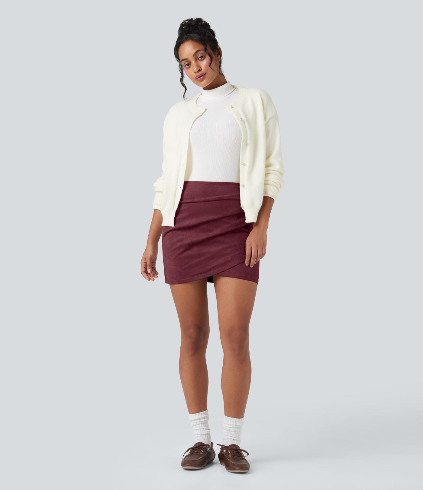 Jupe mini moulante décontractée effet daim taille haute froncée à ourlet croisé