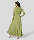 Robe de Casual Maxi Manches Longues Évasées et Boutons au Col Rond