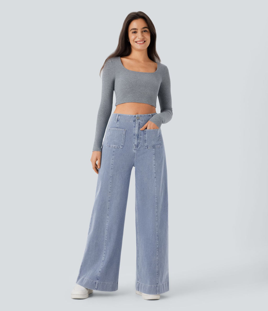 Halara Flex™ Jean large Palazzo et Taille Haute avec Poches Avant en Tricot Extensible Lavé