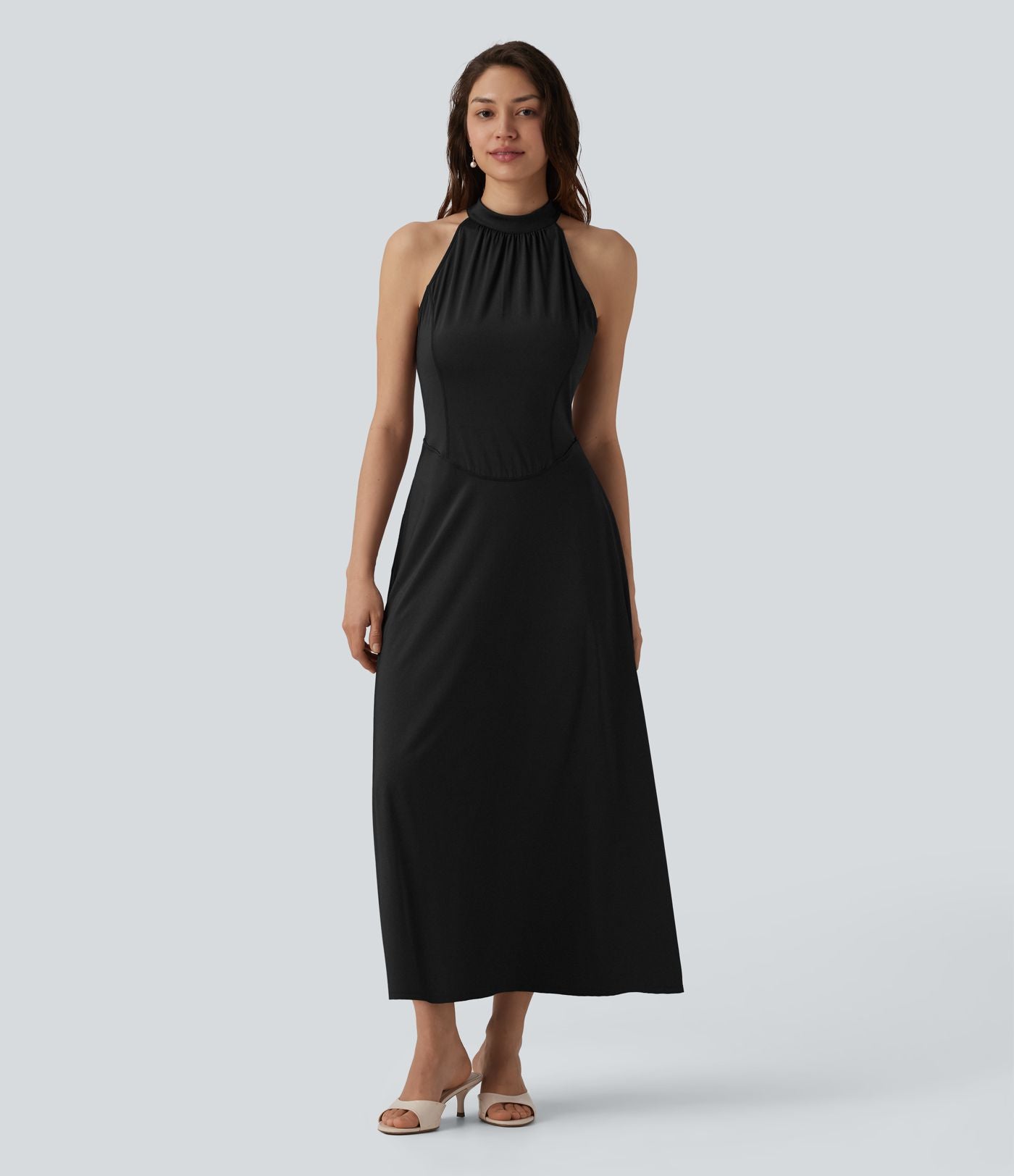 Robe midi fluide à col cheminée, sans manches, zip invisible, en satin extensible à effet frais InstantCool, idéale pour demoiselles d'honneur et invitées de mariage, avec poches